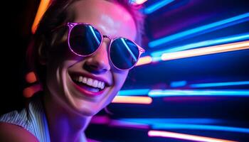 ai generato sorridente donna guida a notte con occhiali da sole generato di ai foto