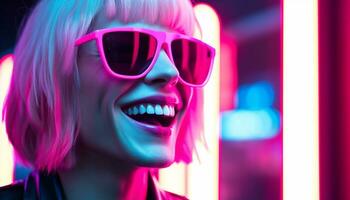 ai generato sorridente giovane donna nel occhiali da sole gode discoteca generato di ai foto