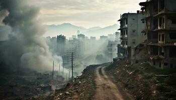 ai generato pericoloso fuoco distrugge vecchio edificio nel inquinata paesaggio urbano generato di ai foto
