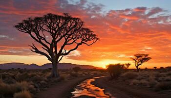 ai generato tramonto al di sopra di africano savana, natura tranquillo bellezza generato di ai foto