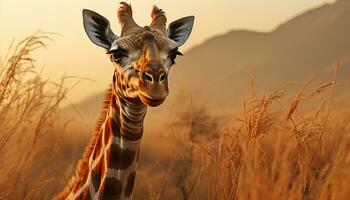 ai generato giraffa in piedi nel il africano natura selvaggia a tramonto generato di ai foto