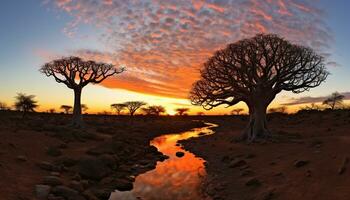ai generato silhouette di acacia albero nel africano tramonto generato di ai foto