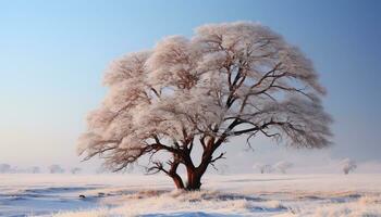 ai generato inverno paesaggio neve coperto foresta, brina su albero rami generato di ai foto