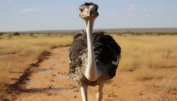 ai generato struzzo nel natura, Africa, fissando a telecamera generato di ai foto