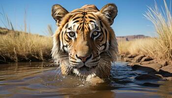 ai generato maestoso Bengala tigre fissando, riflettendo nel acqua generato di ai foto