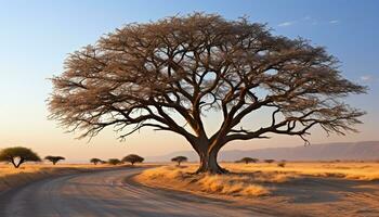 ai generato tramonto al di sopra di il africano savana, un' mozzafiato paesaggio generato di ai foto