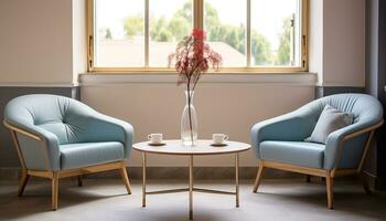 ai generato moderno casa interno con confortevole sedia e tavolo generato di ai foto