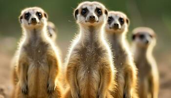 ai generato carino suricati seduta nel un' riga, Guardando all'aperto generato di ai foto