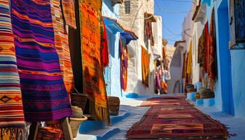 ai generato vivace colori adornano africano tessile nel medina quartiere generato di ai foto