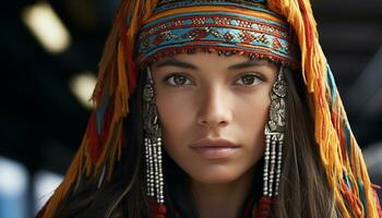 ai generato giovane indigeno donna trasuda fiducia nel tradizionale capi di abbigliamento generato di ai foto