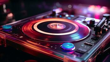 ai generato discoteca festa con dj miscelazione su piatto generato di ai foto