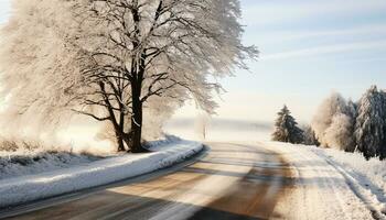 ai generato inverno paesaggio, nevoso foresta, ghiacciato strada, tranquillo bellezza generato di ai foto