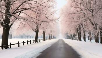 ai generato inverno bellezza, neve coperto alberi nel un' tranquillo foresta generato di ai foto