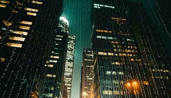 ai generato grattacielo paesaggio urbano a notte, illuminato con vivace colori generato di ai foto