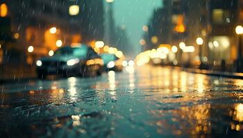ai generato piovoso notte, sfocato auto luci illuminare città strade generato di ai foto