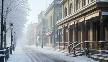 ai generato neve coperto città strade creare un' inverno Paese delle meraviglie generato di ai foto