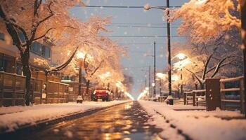 ai generato nevoso inverno notte, auto unità attraverso illuminato città generato di ai foto