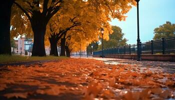 ai generato autunno albero illuminato di strada leggero a crepuscolo generato di ai foto