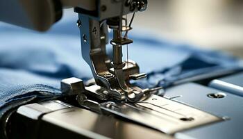 ai generato cucire macchina Lavorando nel tessile industria fabbrica generato di ai foto
