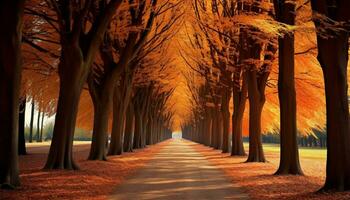 ai generato tranquillo autunno foresta, vivace foglie, illuminato di luce del sole generato di ai foto
