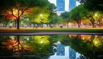 ai generato paesaggio urbano riflette su acqua, grattacieli illuminare urbano orizzonte generato di ai foto