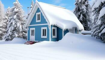 ai generato neve coperto foresta, inverno paesaggio, accogliente villetta, Natale celebrazione generato di ai foto