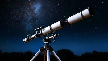 ai generato Guardando il notte cielo con un' mano tenuto telescopio generato di ai foto