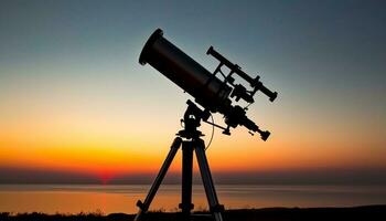 ai generato Guardando il tramonto con un' mano tenuto telescopio generato di ai foto
