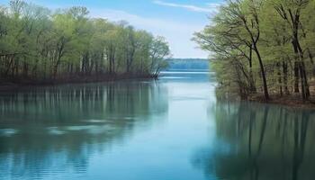 ai generato tranquillo scena di un' maestoso foresta riflettendo nel acqua generato di ai foto