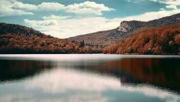 ai generato tranquillo scena di montagna riflessione nel autunno generato di ai foto