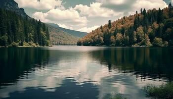 ai generato maestoso montagna picco riflette nel tranquillo stagno generato di ai foto