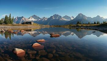 ai generato maestoso montagna picco riflette nel tranquillo acqua generato di ai foto