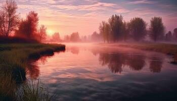 ai generato tramonto al di sopra di il tranquillo prato, riflettendo su acqua generato di ai foto