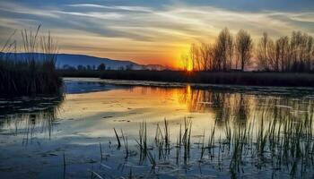 ai generato tranquillo scena, tramonto riflette su acqua, natura bellezza generato di ai foto