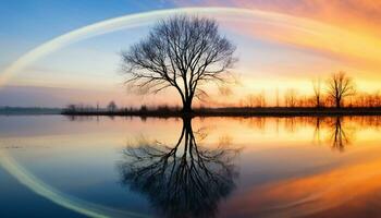 ai generato silhouette di albero riflette tranquillo tramonto su acqua generato di ai foto