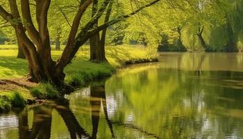 ai generato tranquillo scena di verde albero riflette nel acqua generato di ai foto