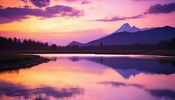 ai generato tranquillo tramonto al di sopra di maestoso montagne, riflettendo nel acqua generato di ai foto