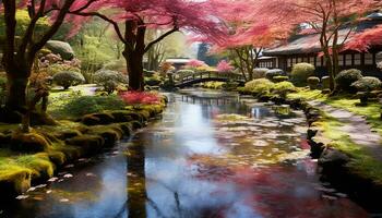 ai generato autunno le foglie dipingere un' tranquillo giapponese giardino generato di ai foto