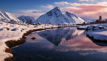 ai generato neve capped montagne riflettere nel tranquillo ghiacciato acque generato di ai foto