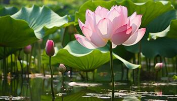 ai generato bellissimo rosa loto fiore galleggiante su tranquillo acqua generato di ai foto