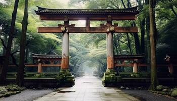 ai generato tranquillo scena di antico pagoda nel giapponese foresta generato di ai foto
