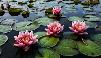 ai generato bellissimo rosa loto fiore galleggiante nel tranquillo stagno generato di ai foto