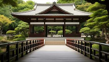 ai generato antico pagoda nel tranquillo giapponese giardino, circondato di natura generato di ai foto