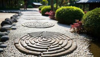 ai generato pietra sentiero venti attraverso lussureggiante verde giardino generato di ai foto