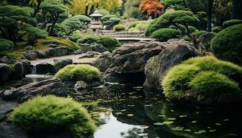ai generato tranquillo scena di verde stagno riflette autunno fogliame generato di ai foto