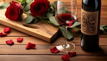 ai generato romantico vino su di legno tavolo con fiore, generato di ai foto