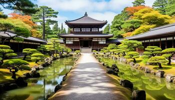 ai generato tranquillo scena di antico pagoda nel giapponese giardino, generato di ai foto