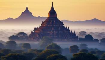 ai generato maestoso pagoda silhouette a alba, antico spiritualità, generato di ai foto