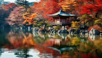 ai generato autunno le foglie riflettere su tranquillo stagno, giapponese bellezza, generato di ai foto