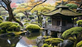 ai generato tranquillo scena di antico pagoda nel giapponese giardino, generato di ai foto